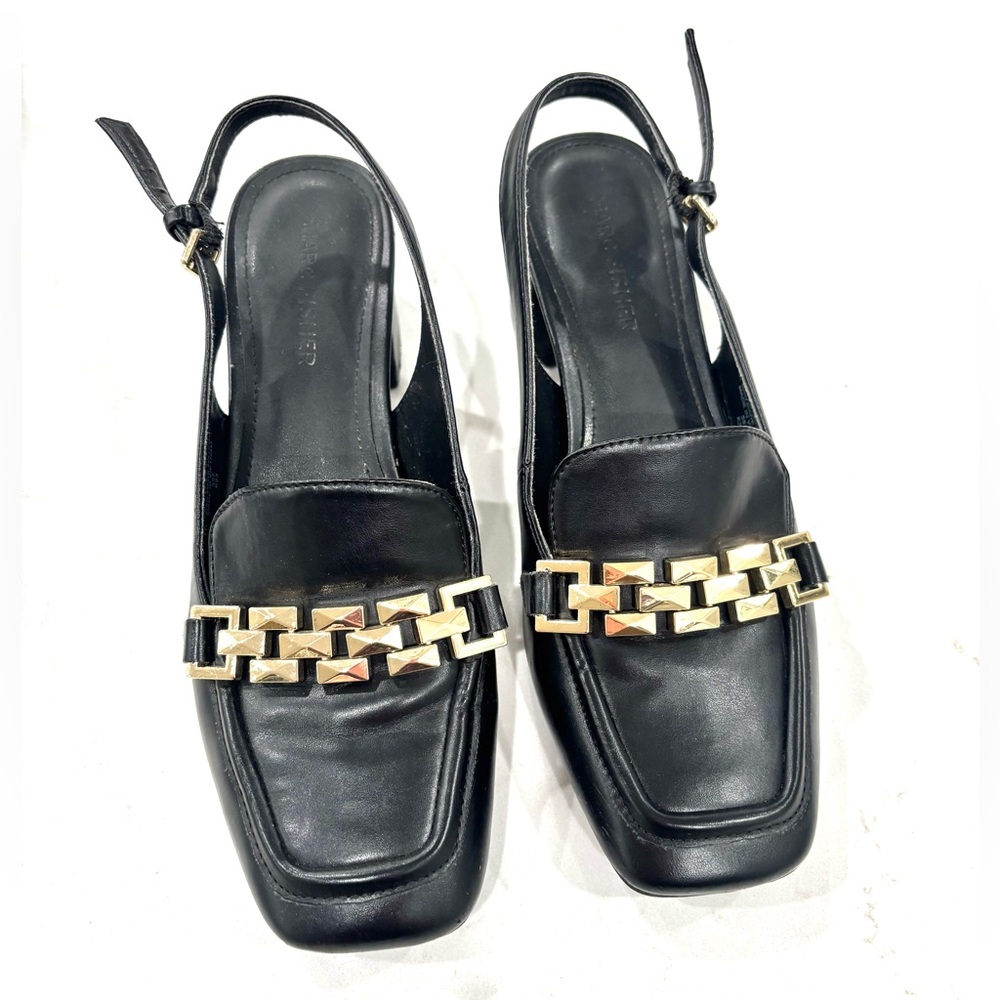 Marc Fisher Black Slingback Loafers with Gold Chain